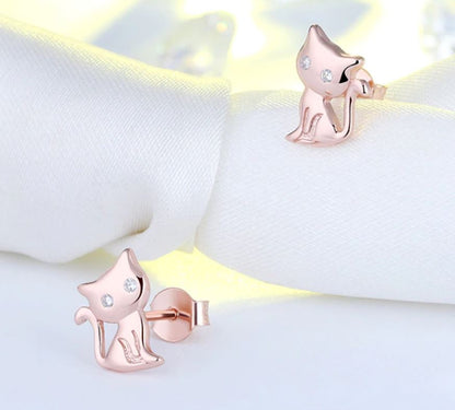 Kitty Cat Stud Earrings for Women Sterling Silver Cubic Zirconia Ginger Lyne Collection - Rose Gold
