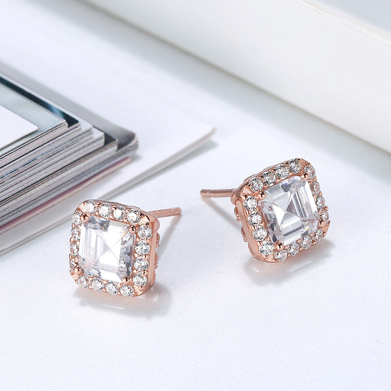 Square Halo Stud Earrings for Women Clear Cz Sterling Silver Womens Ginger Lyne Collection - Rose Gold