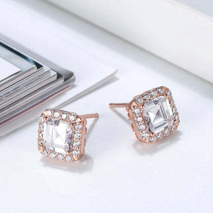 Square Halo Stud Earrings for Women Clear Cz Sterling Silver Womens Ginger Lyne Collection - Rose Gold
