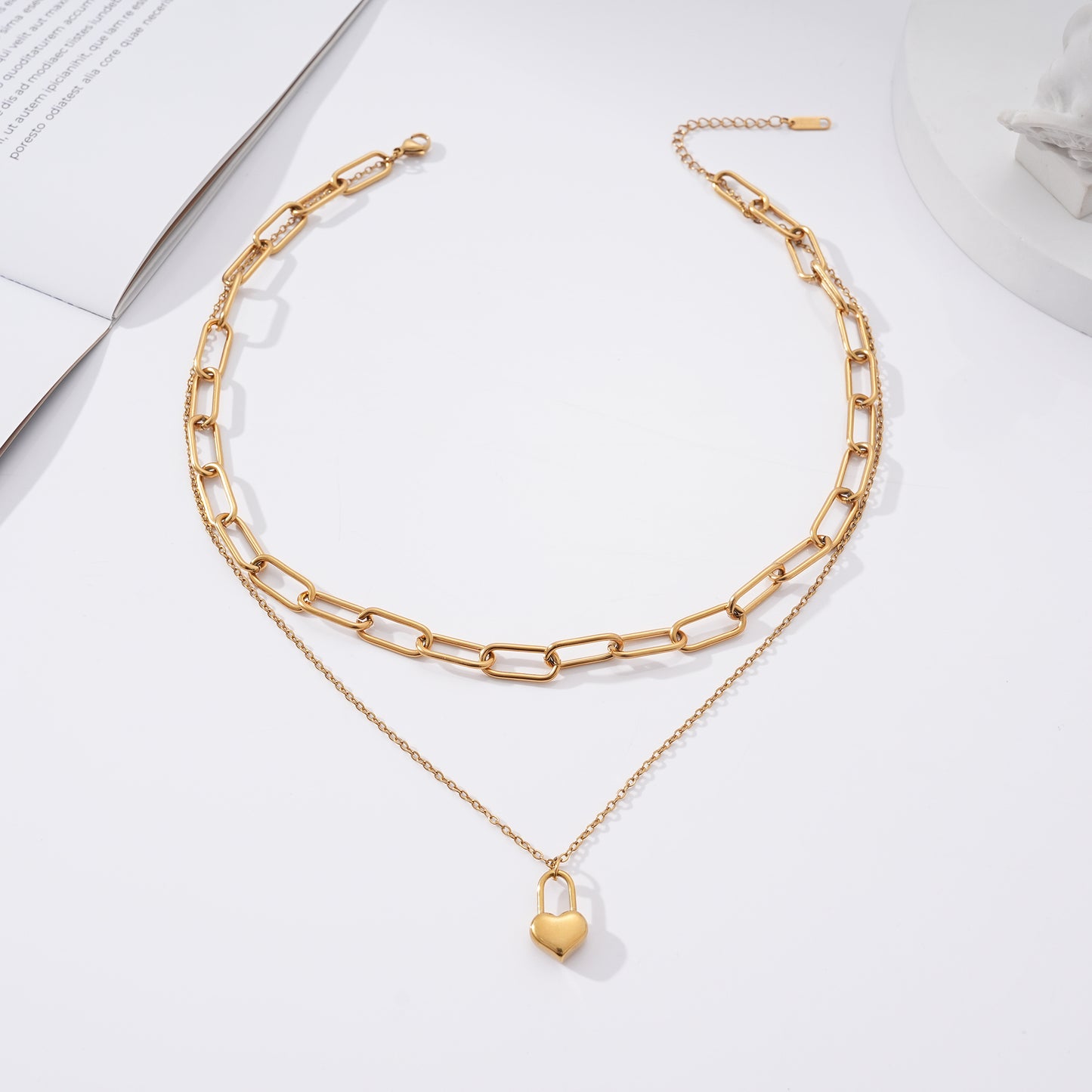 PaperclipChainLayeredNecklaceforWomenHeartLockPendantGoldoverStainlessSteelAdjustableupto21"_Necklace-Gold-6