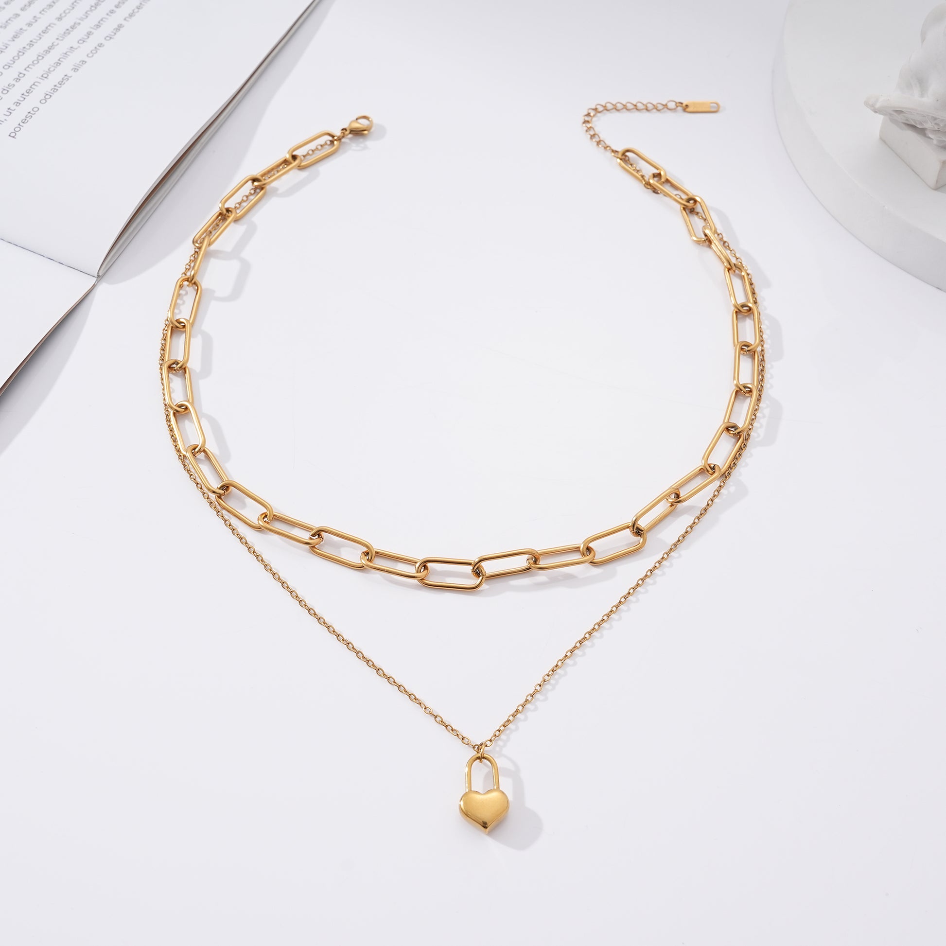 PaperclipChainLayeredNecklaceforWomenHeartLockPendantGoldoverStainlessSteelAdjustableupto21"_Necklace-Gold-6