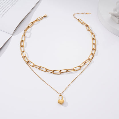 PaperclipChainLayeredNecklaceforWomenHeartLockPendantGoldoverStainlessSteelAdjustableupto21"_Necklace-Gold-6