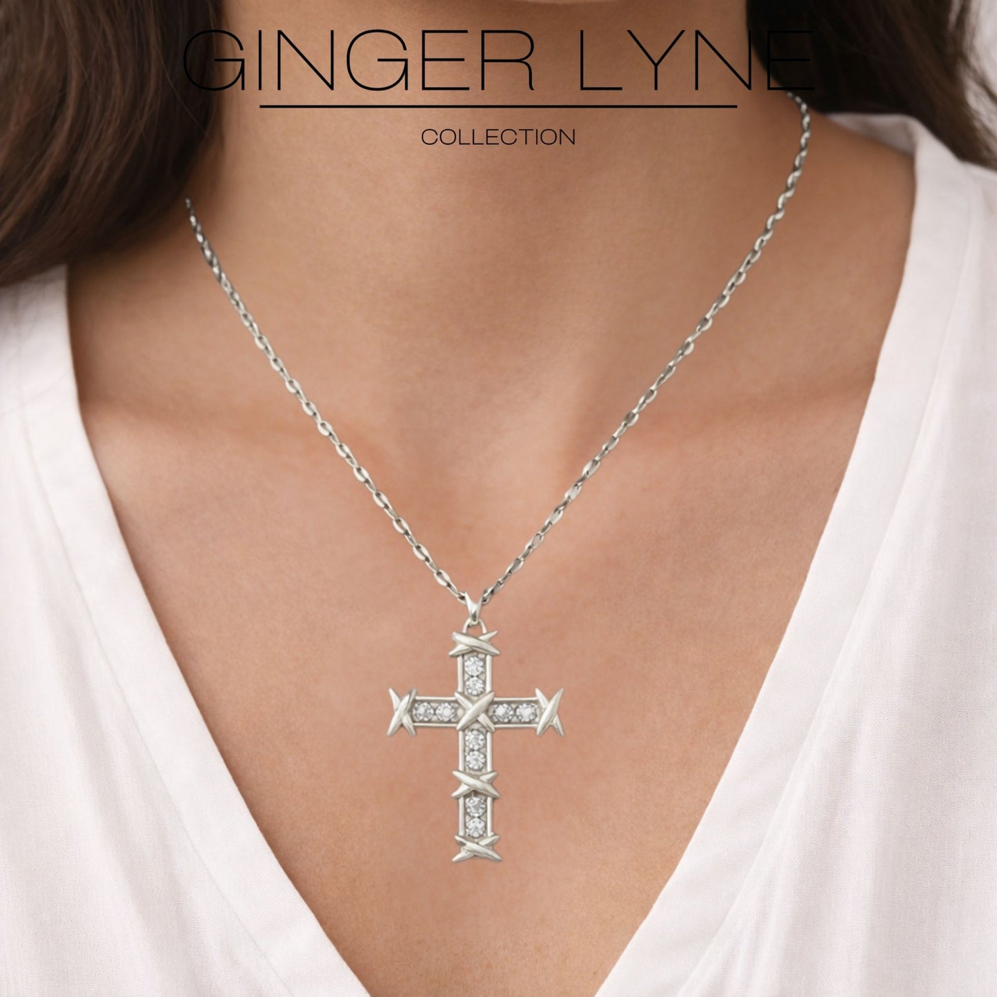 Cross Pendant Necklace for Women Religious Jewelry CZ Gold Plated Stainless Steel Ginger Lyne Collection - Silver Tone