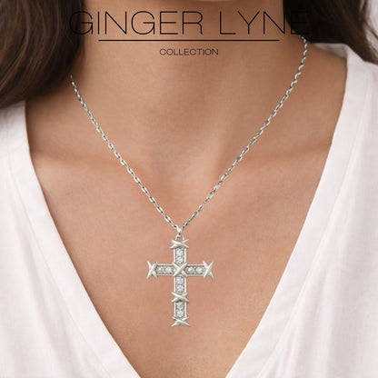 Cross Pendant Necklace for Women Religious Jewelry CZ Gold Plated Stainless Steel Ginger Lyne Collection - Silver Tone