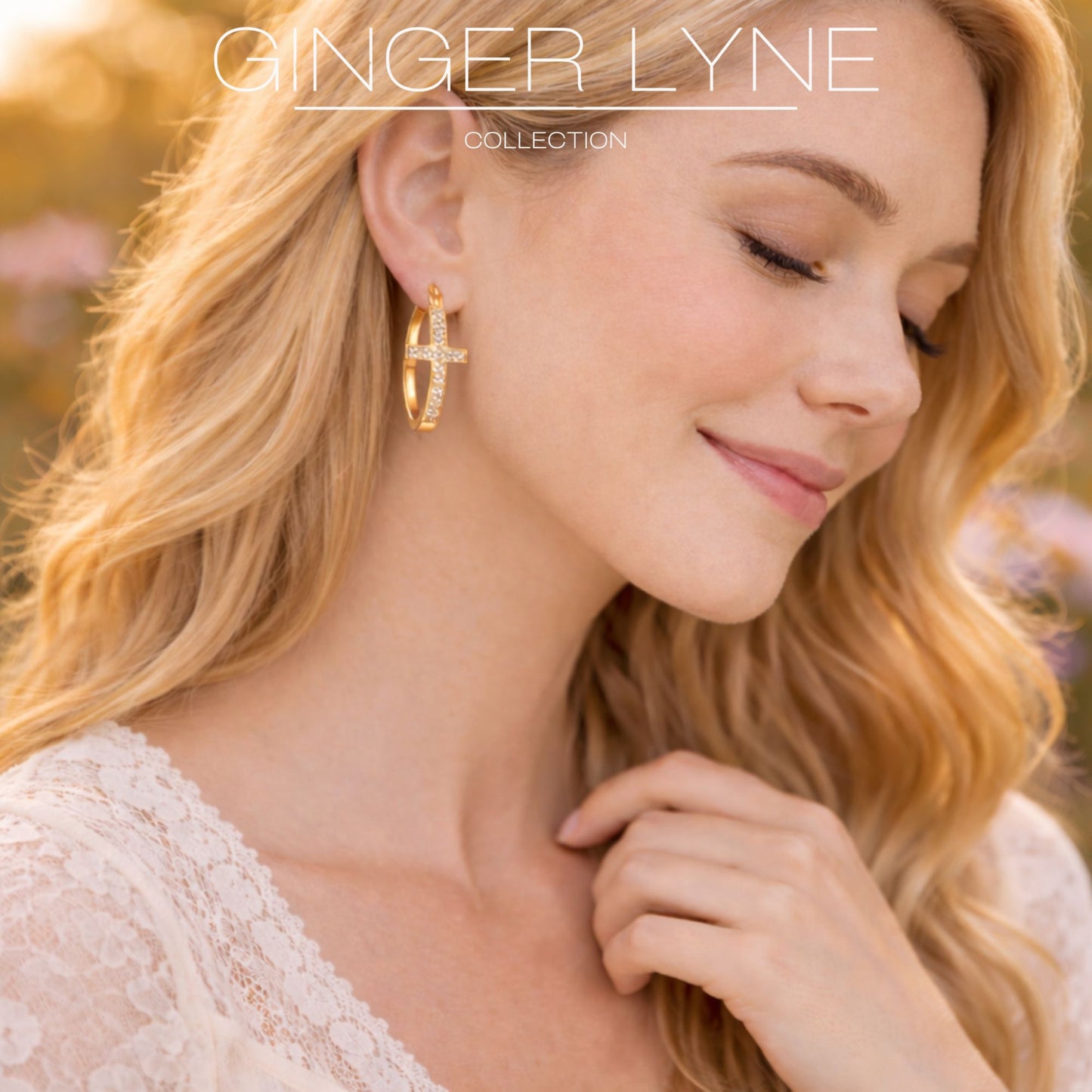 Cross Hoop Earrings for Women Cubic Zirconia Ginger Lyne Collection - Gold Tone-30mm