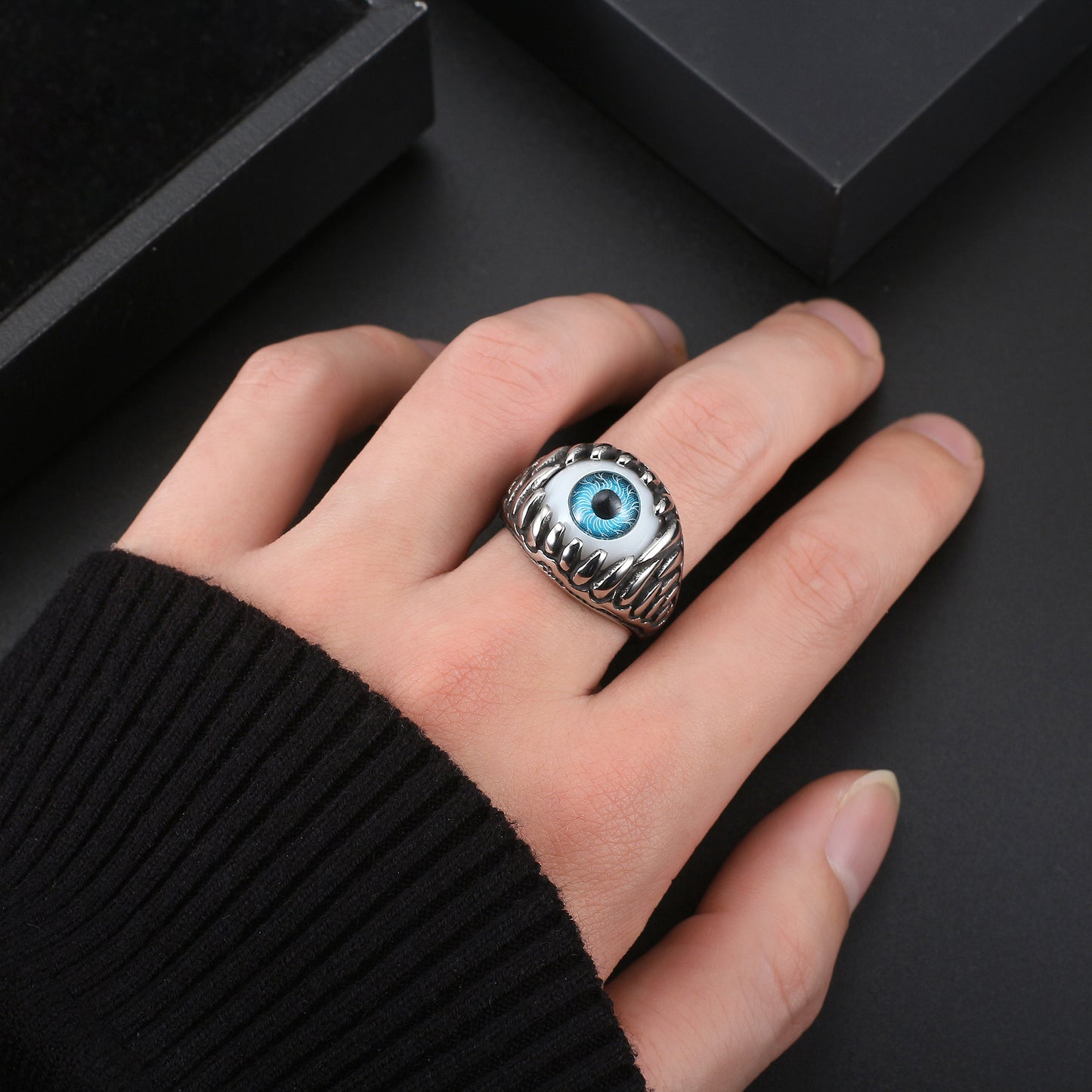 EvilEyeEyeballRingforMenorWomenStainlessSteelBikerGingerLyneCollection_Blue-4