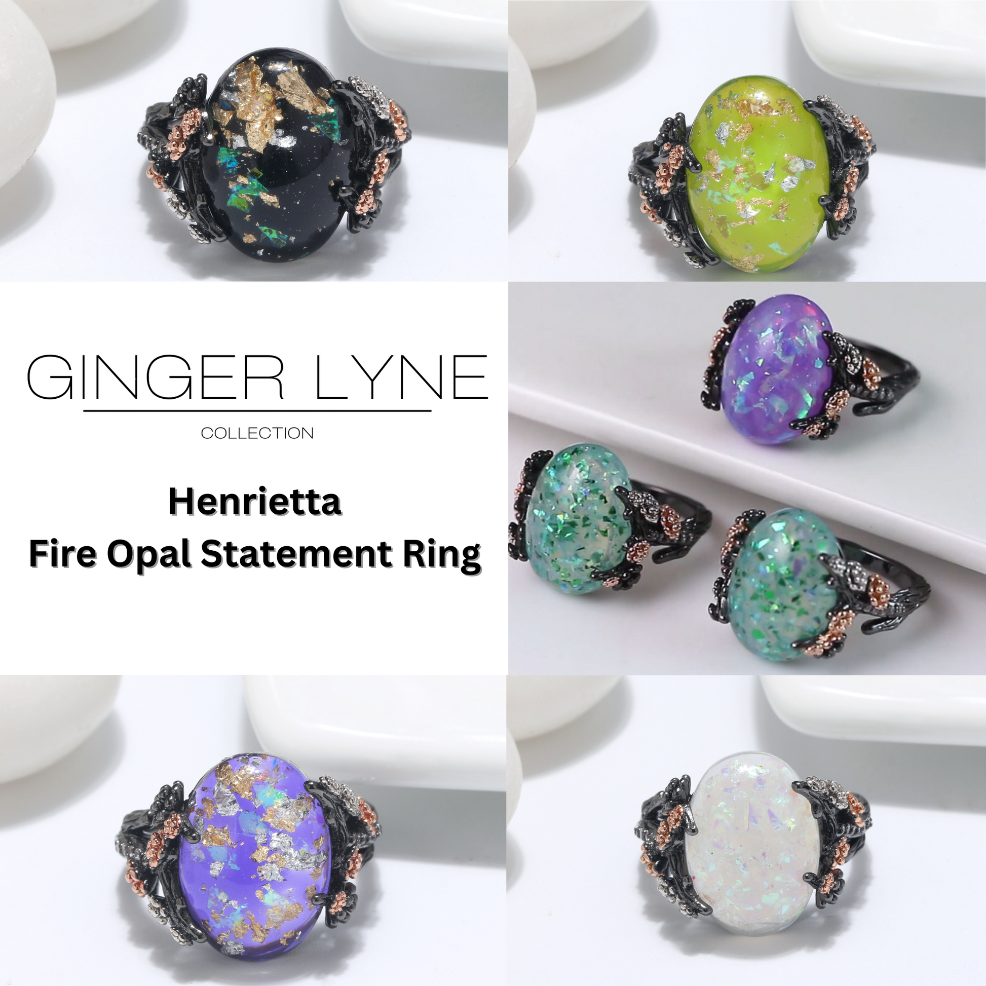 Henrietta Fire Opal Engagement Ring for Women Promise Ginger Lyne Collection - Green-Gold,9