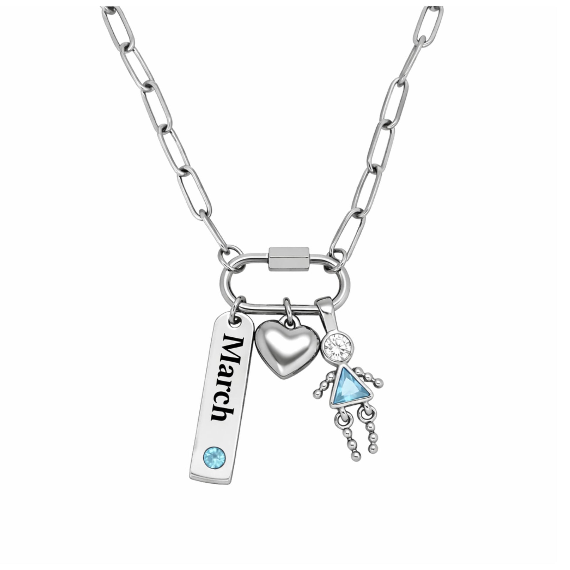 CarabinerFamilyBirthstoneNecklaceforMomorGrandmabyGingerLyneStainlessSteelCZBirthdayCharms_Female-March-Silver-1