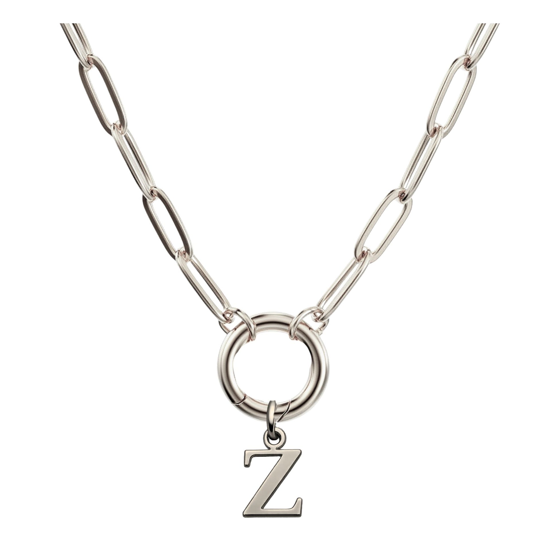 PaperclipLinkCircleCarabinerIntialLetterCharmHolderNecklaceforWomenStainlessSteel20"GingerLyne_Silver-Z-1