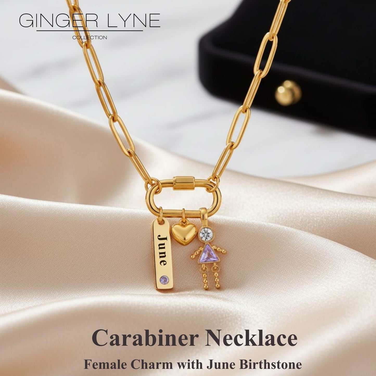 Carabiner Family Birthstone Necklace for Mom or Grandma by Ginger Lyne Stainless Steel CZ Birthday Charms_Female-June-Gold-2