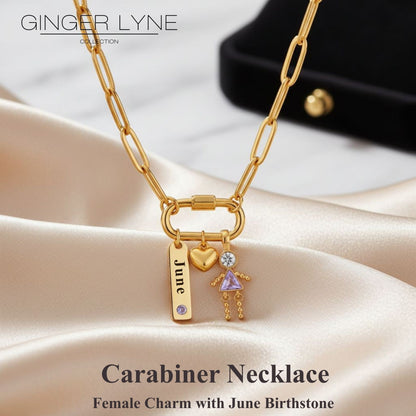 Carabiner Family Birthstone Necklace for Mom or Grandma by Ginger Lyne Stainless Steel CZ Birthday Charms_Female-June-Gold-2