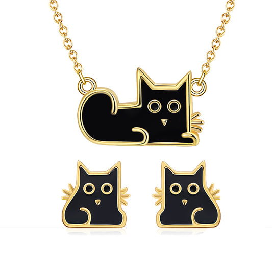 Black Cat Earrings Necklace Girls Womens or Set Gold Sterling Silver Ginger Lyne Collection - Set