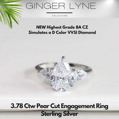 Pear Engagement Ring for Women by Ginger Lyne 3.78 Ct Sterling Silver Wedding Rings