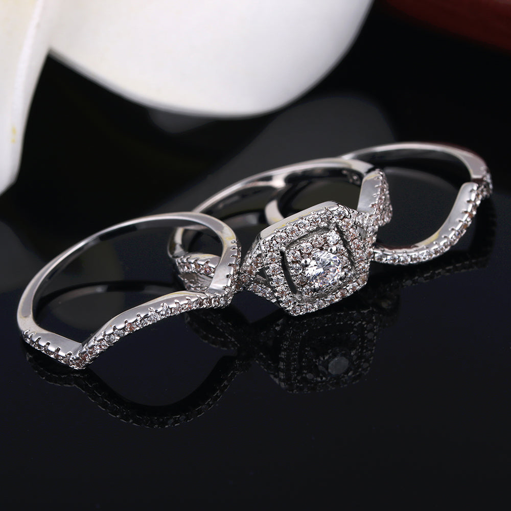 Paris Bridal Set 3pc Halo Cz Engagement Ring Bands Womens Ginger Lyne Collection