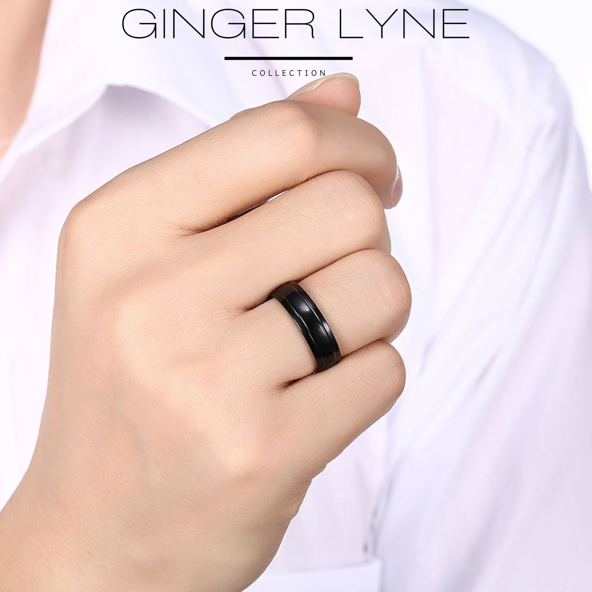 6mmStainlessSteelBlackWeddingBandRingWomenMenGingerLyneCollection_Black-3