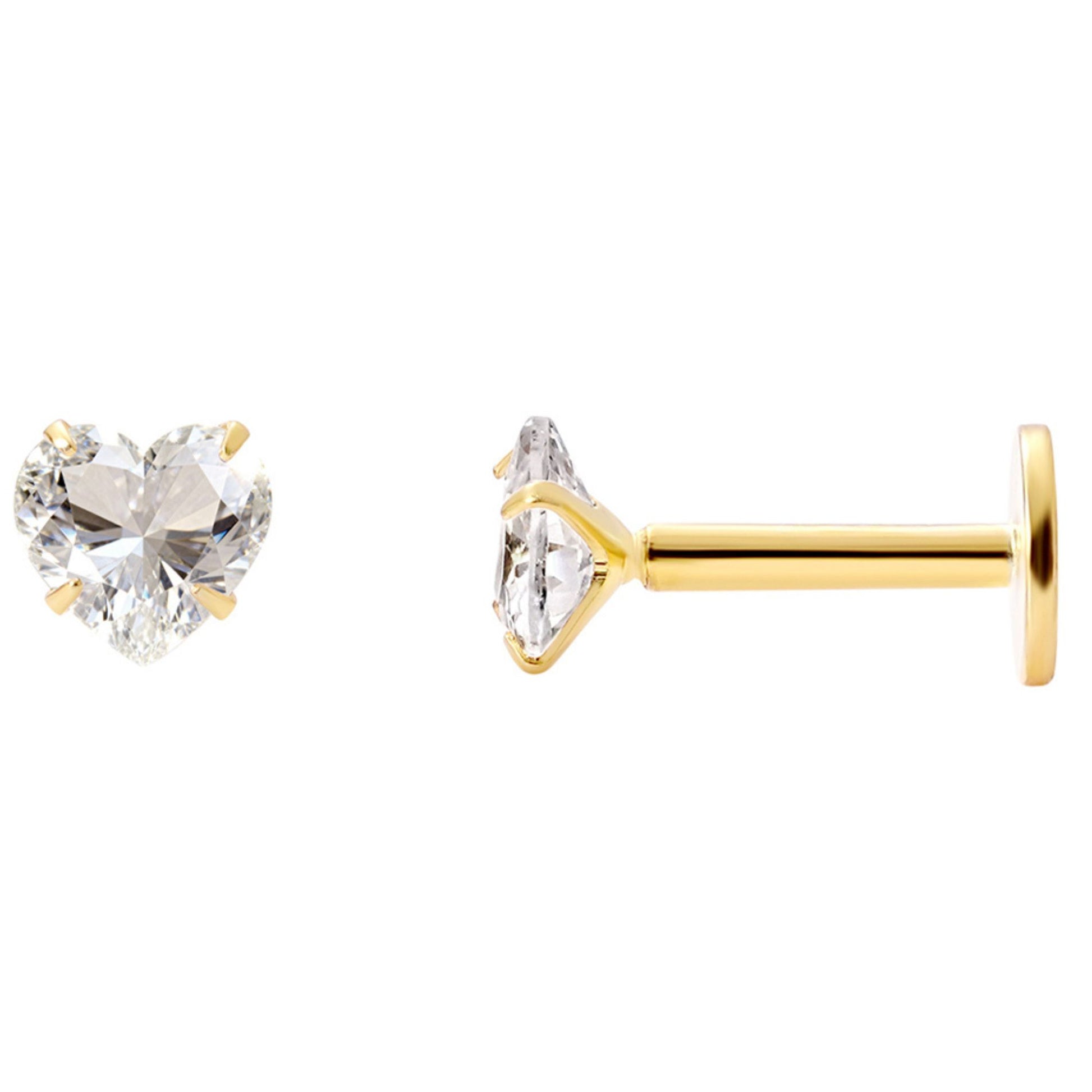 GingerLyneSolitaireHeartFlatBackStudEarringsSterlingSilverCubicZirconiaBodyJewelry_Gold-3mmCZ-18G-6mmPost-1
