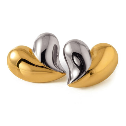 Curved Heart Earrings for Women by Ginger Lyne | Large Gold Two-Tone Stainless Studs for Her