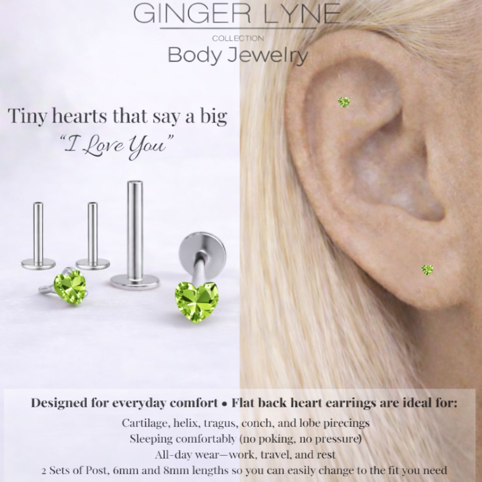 Small Heart CZ Solitaire Flat Back Stud Earrings Titanium Body Piercings by Ginger Lyne 2 Sets Post 6mm 8mm - 3mm-PeridotGreen