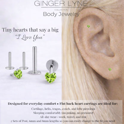 Small Heart CZ Solitaire Flat Back Stud Earrings Titanium Body Piercings by Ginger Lyne 2 Sets Post 6mm 8mm - 3mm-PeridotGreen
