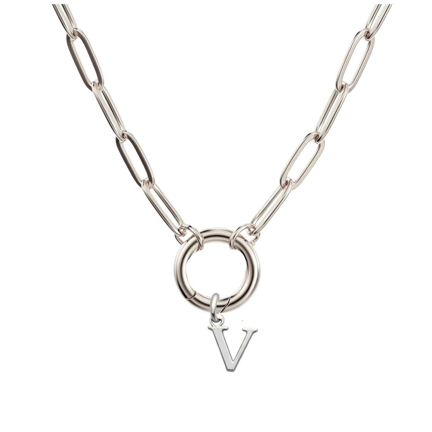 PaperclipLinkCircleCarabinerIntialLetterCharmHolderNecklaceforWomenStainlessSteel20"GingerLyne_Silver-V-1