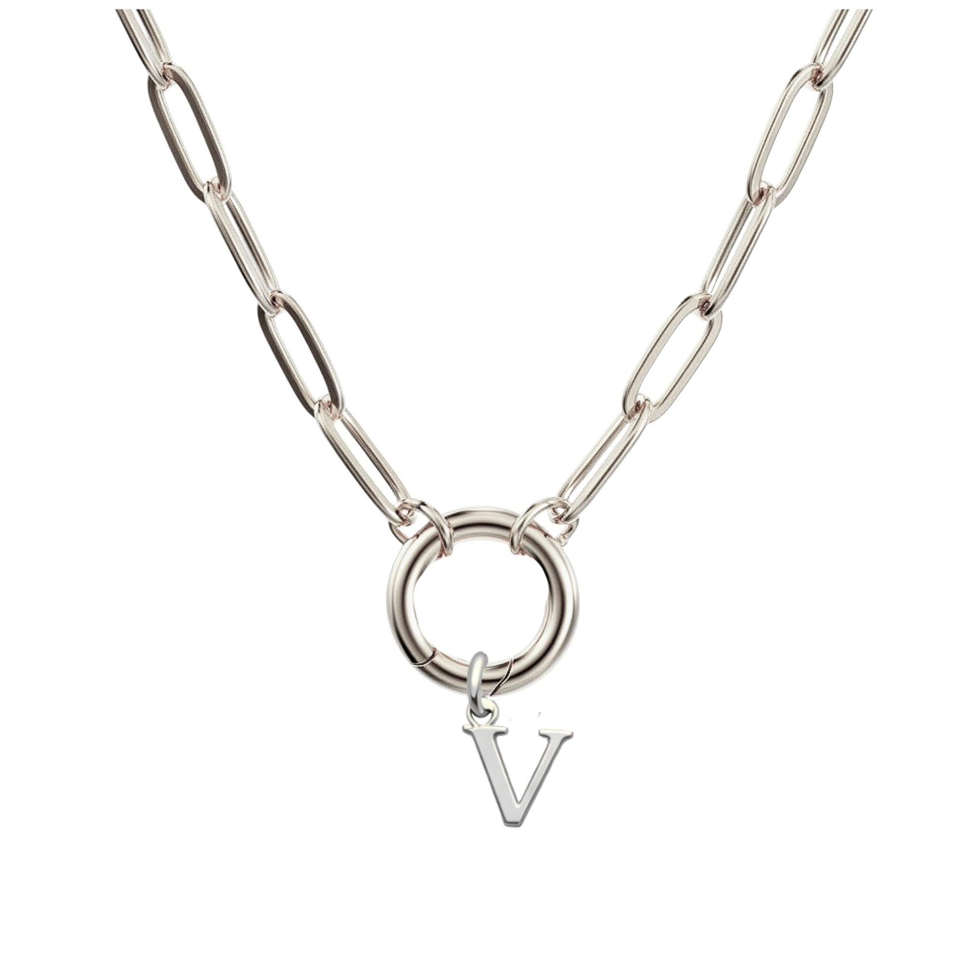 PaperclipLinkCircleCarabinerIntialLetterCharmHolderNecklaceforWomenStainlessSteel20"GingerLyne_Silver-V-1