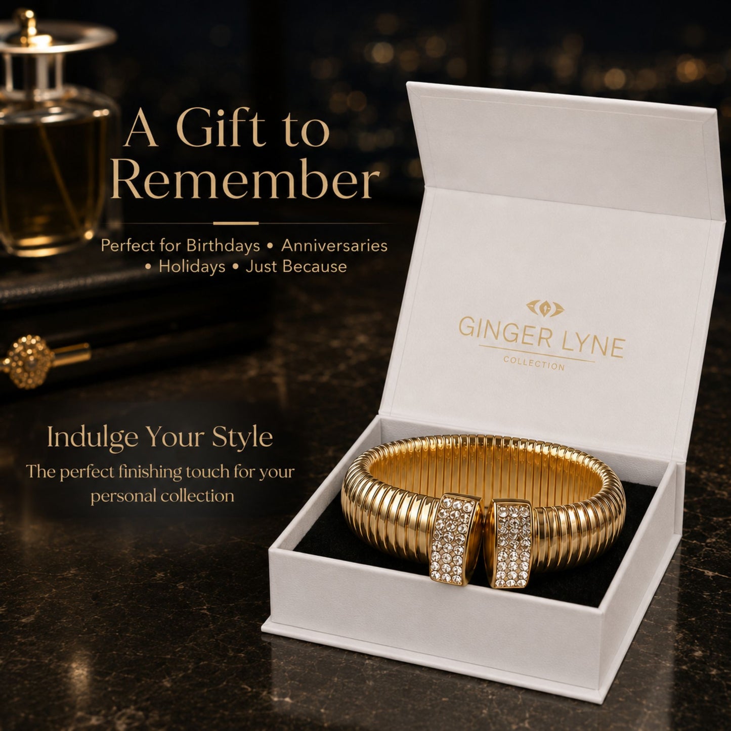 Ribbed Stretch Bangle Bracelet for Women Stainless Steel Cubic Zirconia Cuff Ginger Lyne Collection