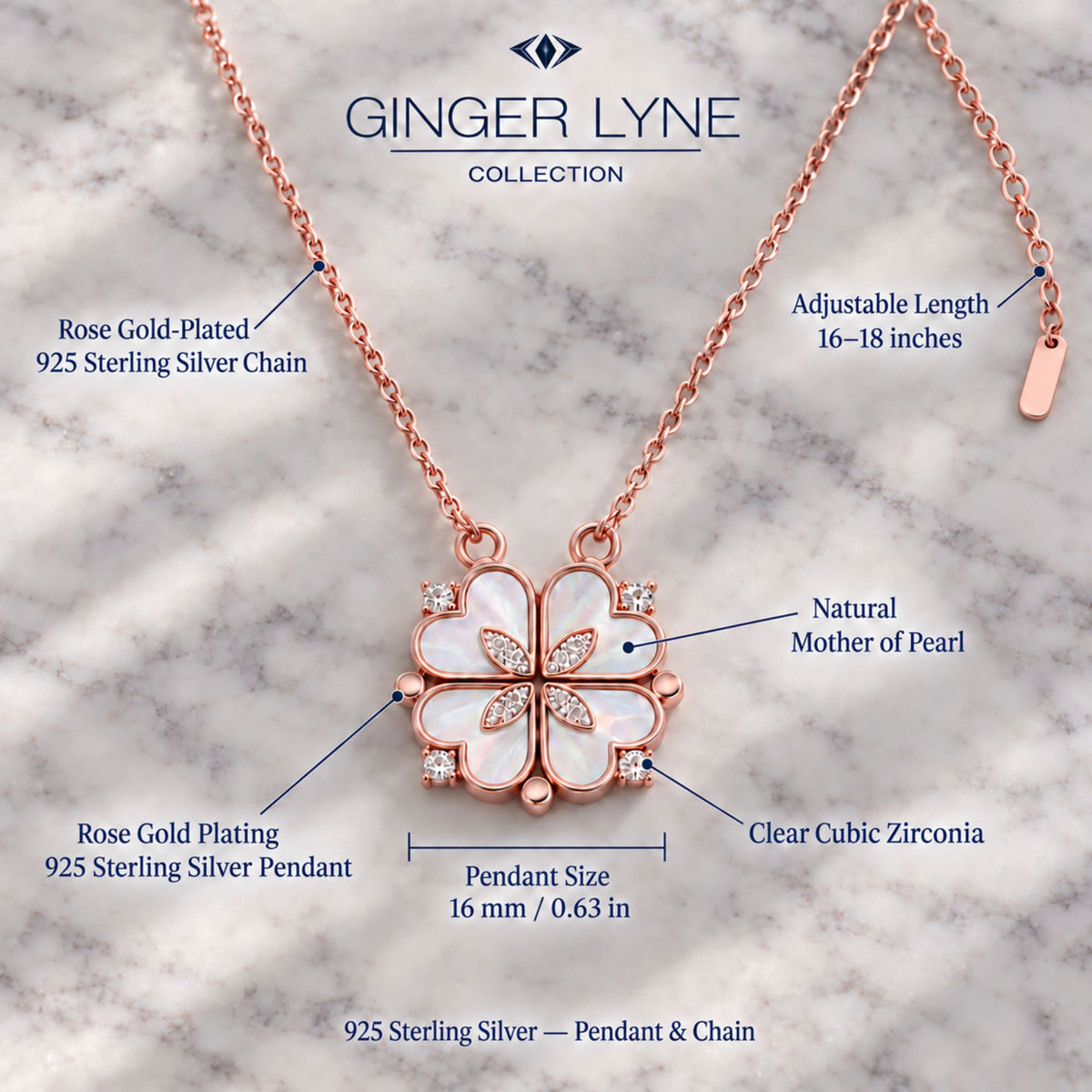 4 Leaf Clover Heart Pendant Necklace for Women Magnetic Sterling Silver Ginger Lyne Collection - Rose Gold