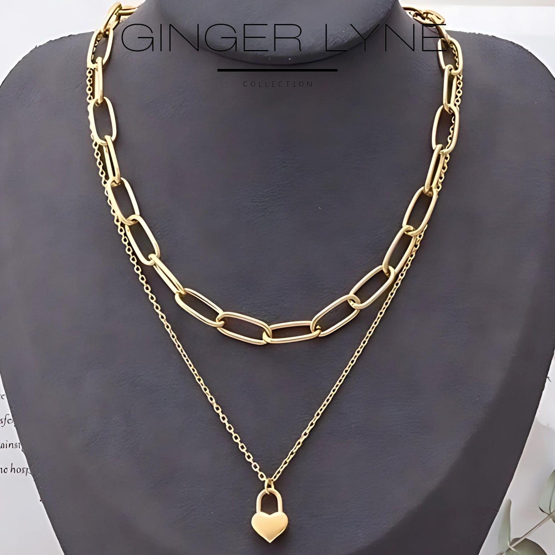 PaperclipChainLayeredNecklaceforWomenHeartLockPendantGoldoverStainlessSteelAdjustableupto21"_Necklace-Gold-5