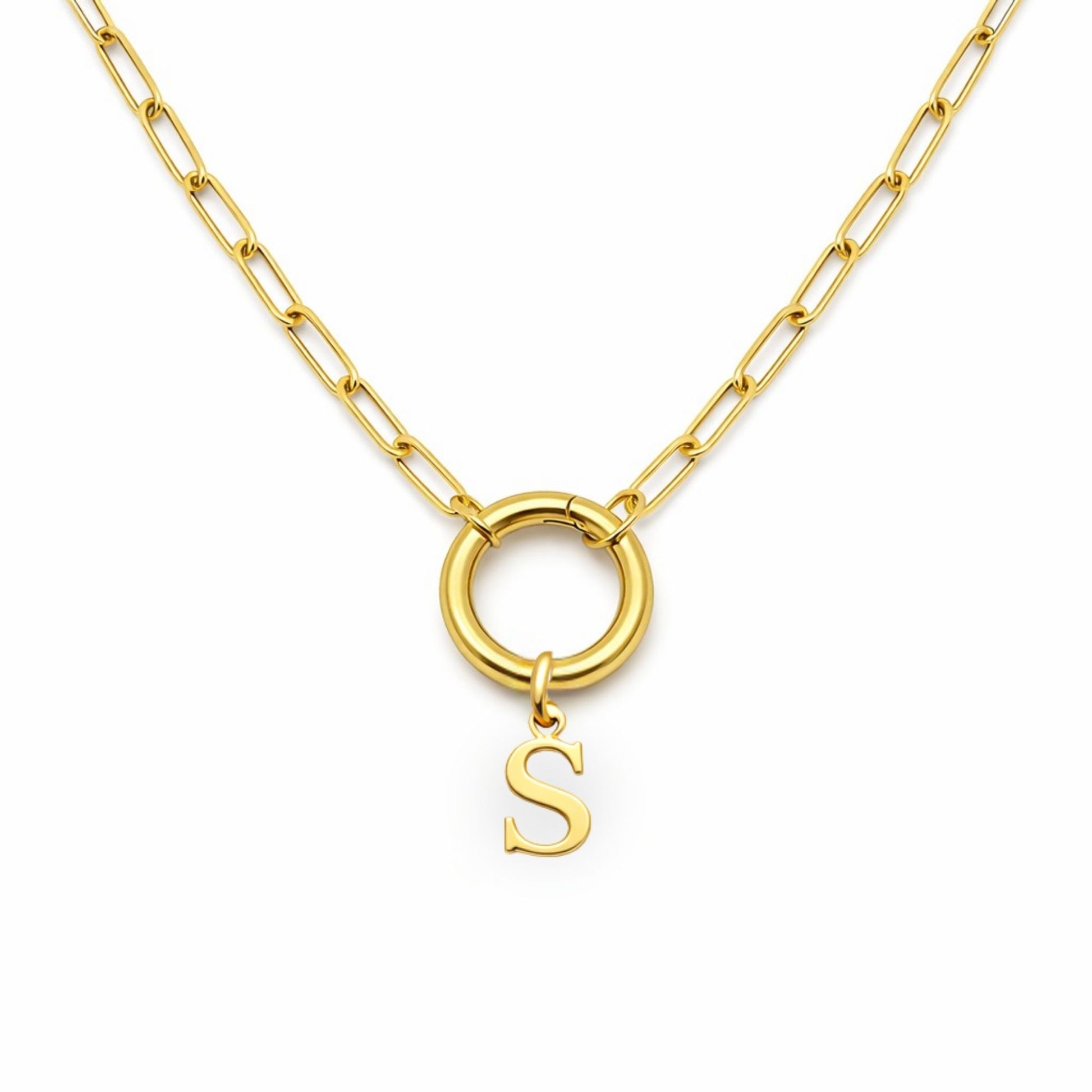 PaperclipLinkCircleCarabinerIntialLetterCharmHolderNecklaceforWomenStainlessSteel20"GingerLyne_Gold-S-1