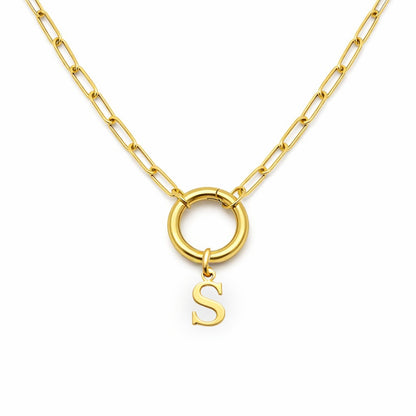 PaperclipLinkCircleCarabinerIntialLetterCharmHolderNecklaceforWomenStainlessSteel20"GingerLyne_Gold-S-1