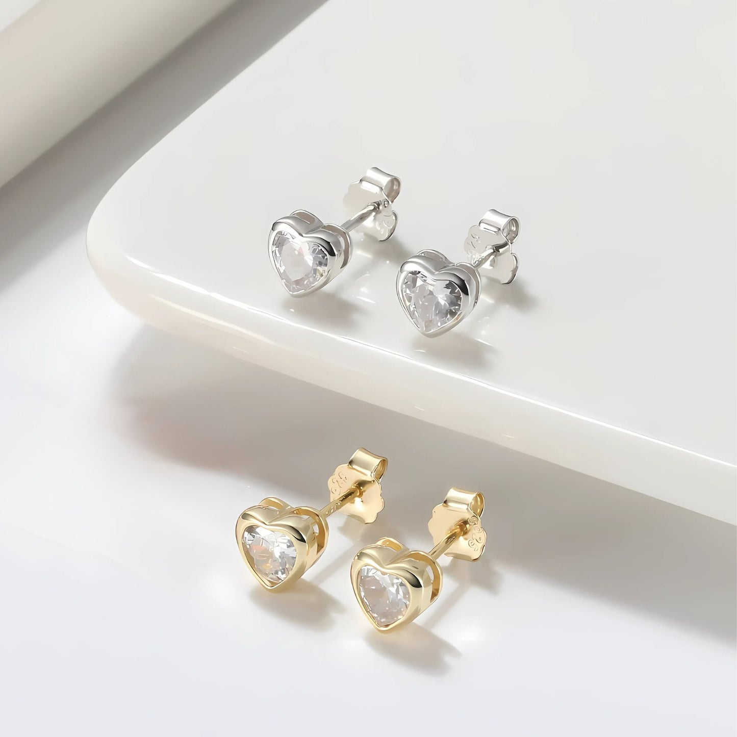 Heart Earrings for Women by Ginger Lyne Gold over Sterling Silver Stud Solitaire Cubic Zirconia