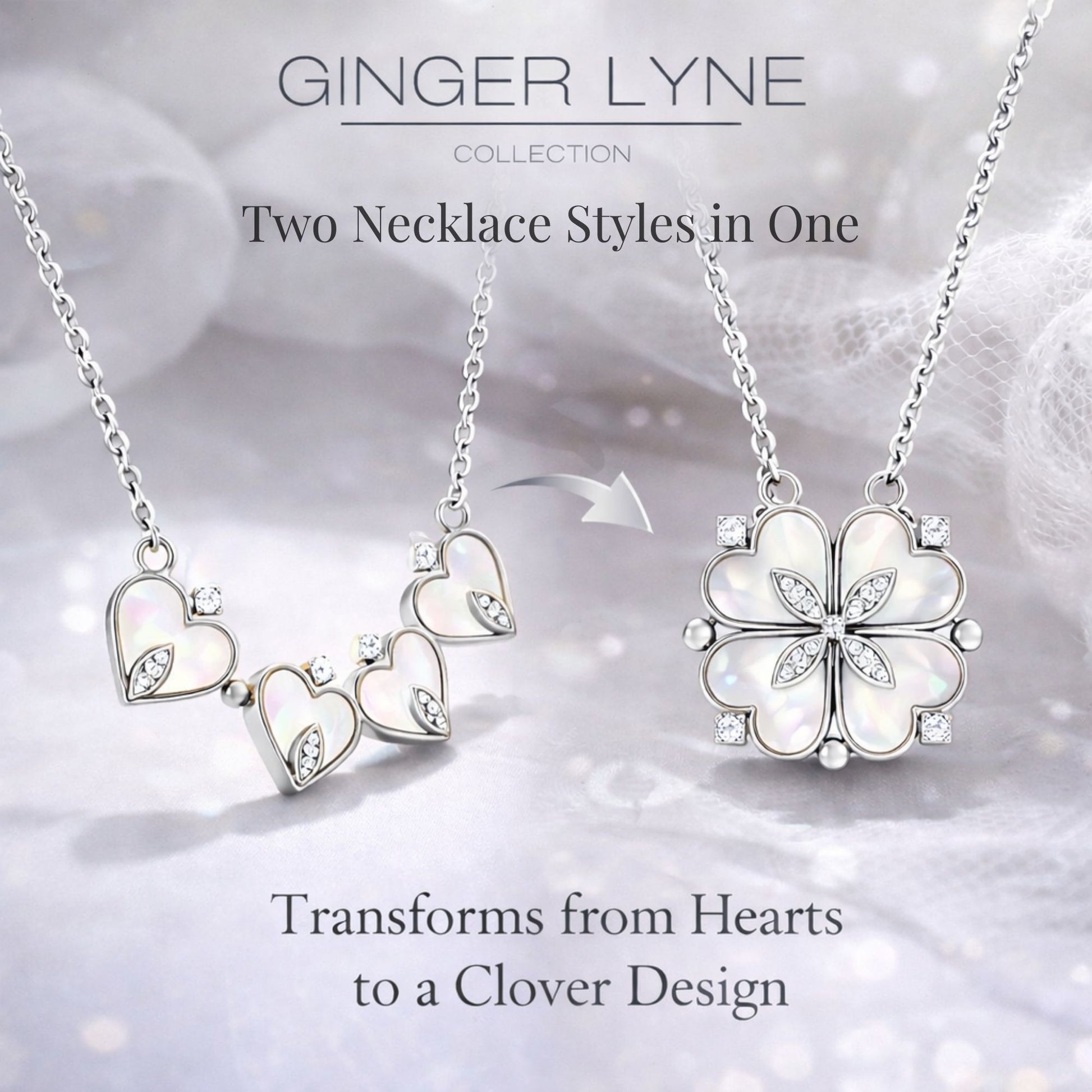 Heart to Clover 2 in 1 Pendant Necklace for Women Stainless Steel CZ by Ginger Lyne Collection - Silver Tone