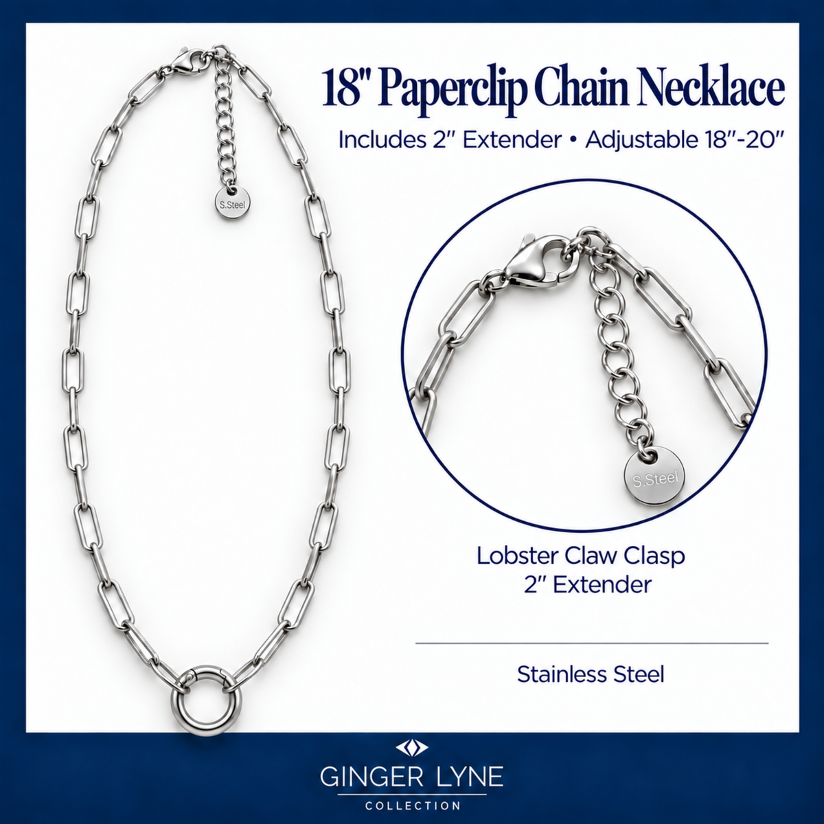 Carabiner Charm Necklace for Women Paperclip Chain Round Carabiner Holder Stainless Steel by Ginger Lyne - 12mm/Silver