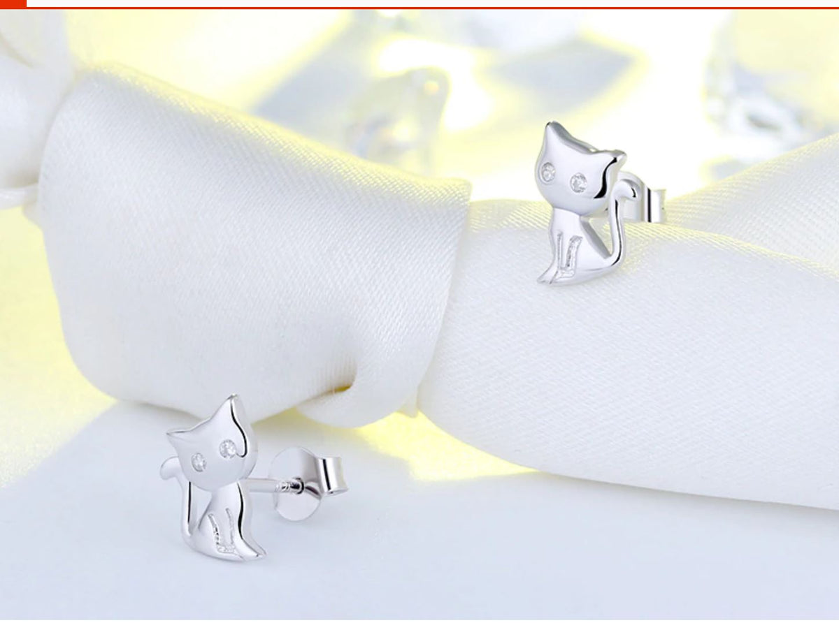 Kitty Cat Stud Earrings for Women Sterling Silver Cubic Zirconia Ginger Lyne Collection - Silver