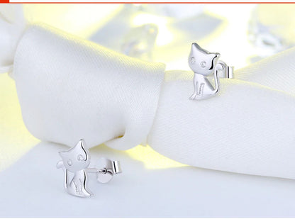 Kitty Cat Stud Earrings for Women Sterling Silver Cubic Zirconia Ginger Lyne Collection - Silver