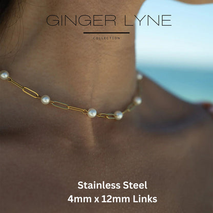 SimulatedPearlPaperclipChainNecklaceforWomenGoldStainlessSteelGingerLyneCollection_Gold-6