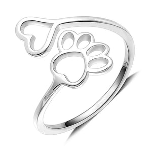 Dog Paw Print Heart Adjustable Ring Sterling Silver Womens Ginger Lyne Collection - silver