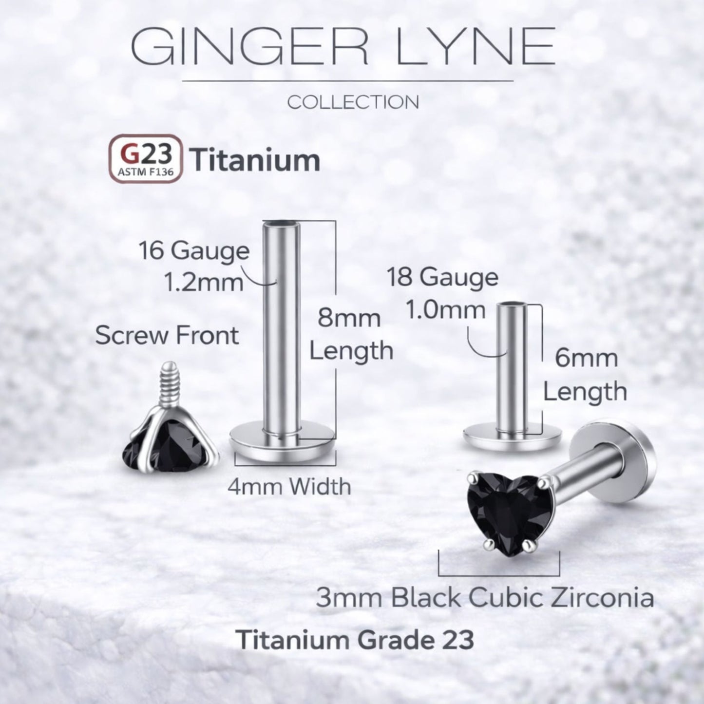 Small Heart CZ Solitaire Flat Back Stud Earrings Titanium Body Piercings by Ginger Lyne 2 Sets Post 6mm 8mm - 3mm-Black