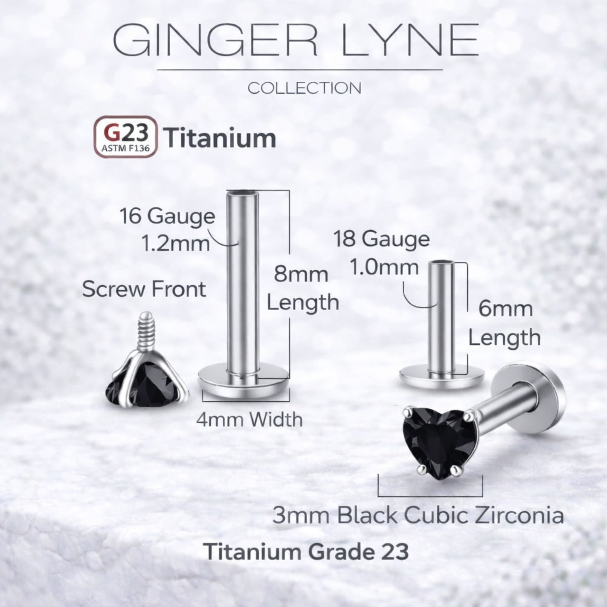 Small Heart CZ Solitaire Flat Back Stud Earrings Titanium Body Piercings by Ginger Lyne 2 Sets Post 6mm 8mm - 3mm-Black