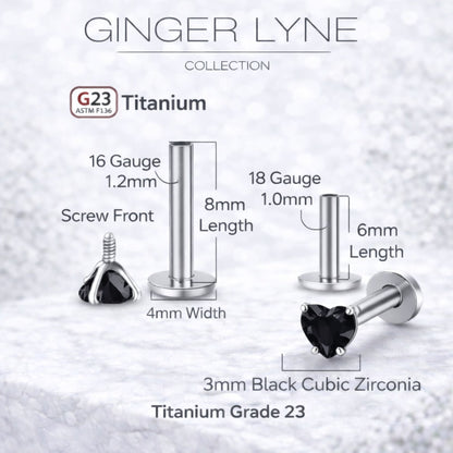 Small Heart CZ Solitaire Flat Back Stud Earrings Titanium Body Piercings by Ginger Lyne 2 Sets Post 6mm 8mm - 3mm-Black