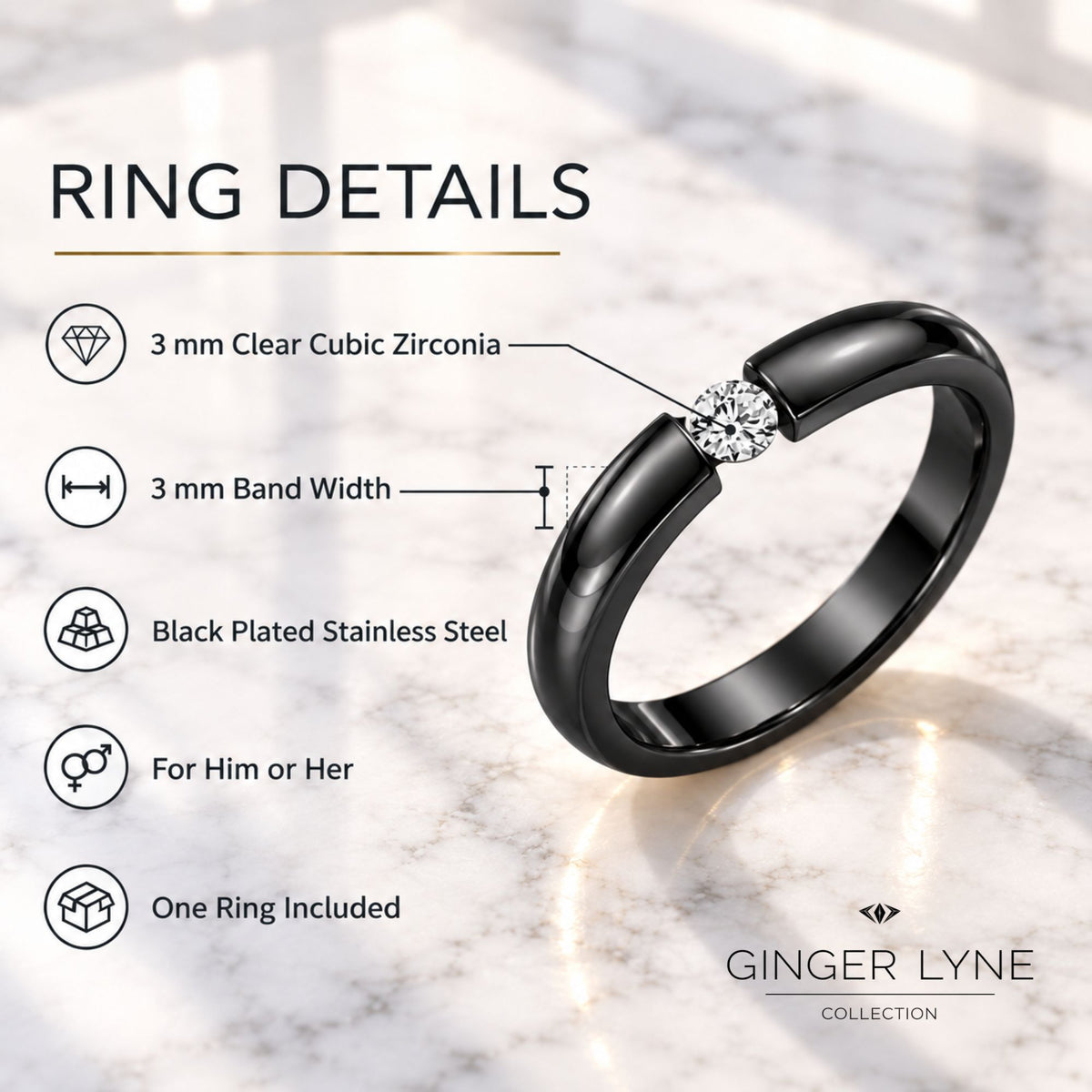 BlackWeddingBandRingforWomenorMen3mmStainlessSteelCZGingerLyneSize5_Black-4