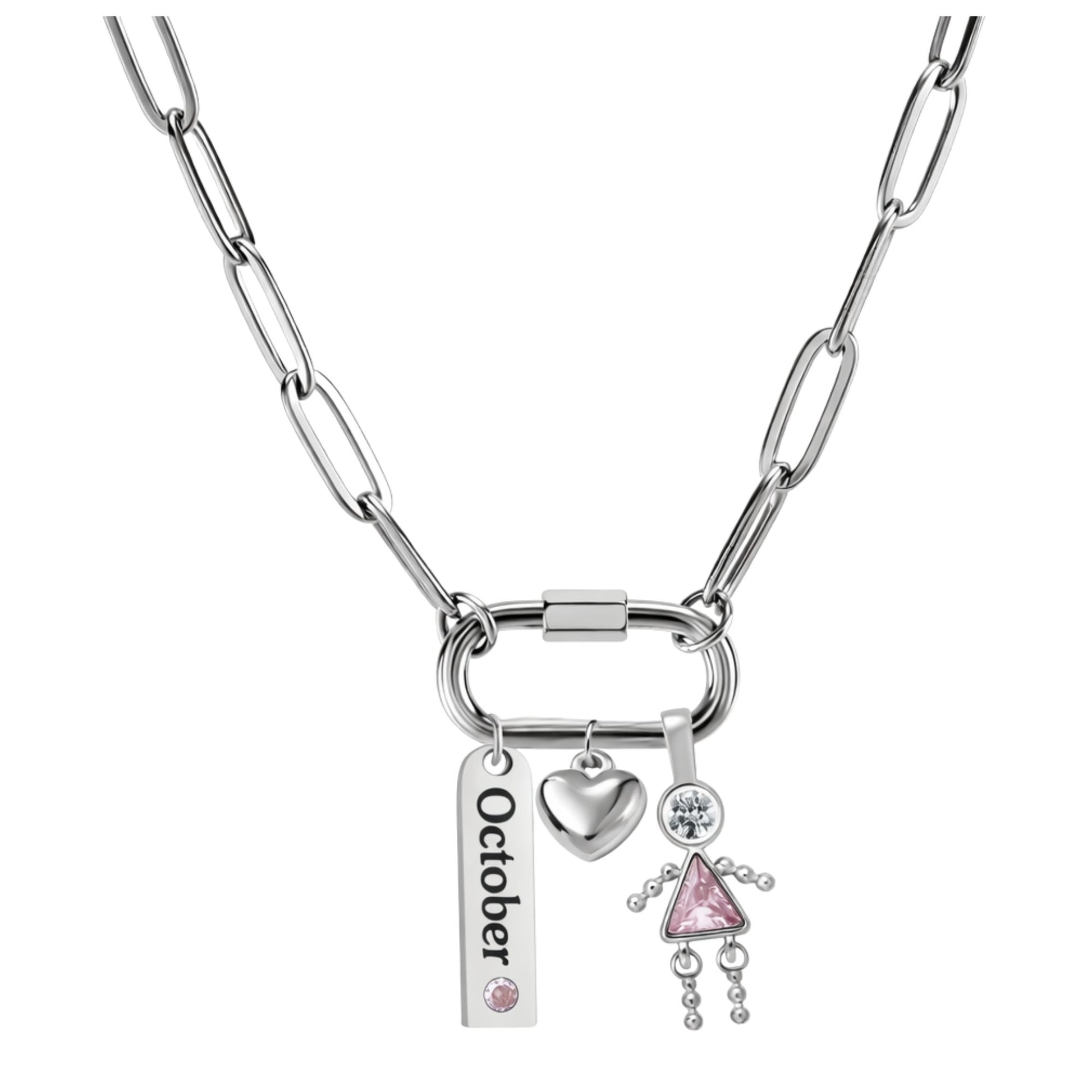 CarabinerFamilyBirthstoneNecklaceforMomorGrandmabyGingerLyneStainlessSteelCZBirthdayCharms_Female-October-Silver-1
