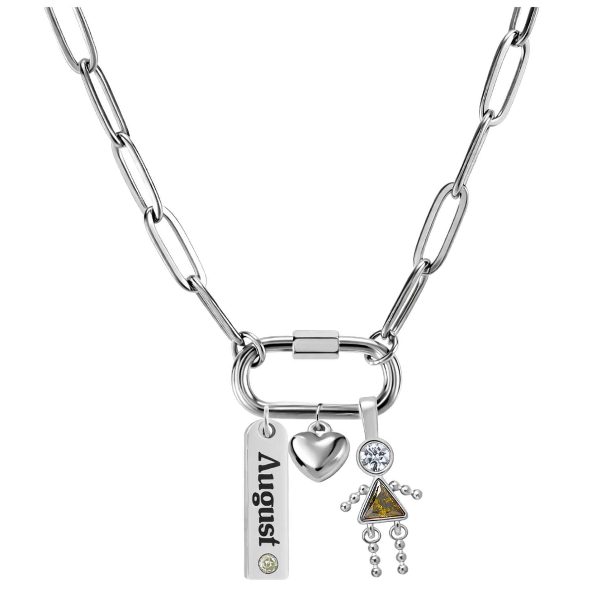 CarabinerFamilyBirthstoneNecklaceforMomorGrandmabyGingerLyneStainlessSteelCZBirthdayCharms_Female-August-Silver-1