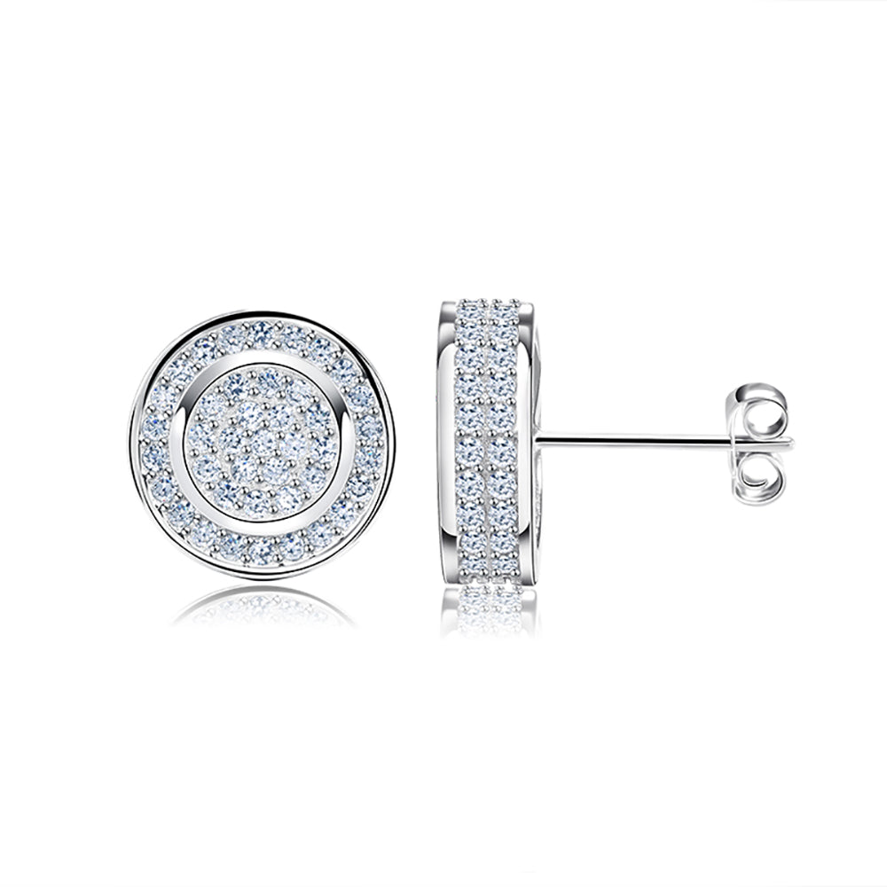 Round Stud Earrings for Women 3D CZ Iced Out White Gold Plated Ginger Lyne Collection - Silver