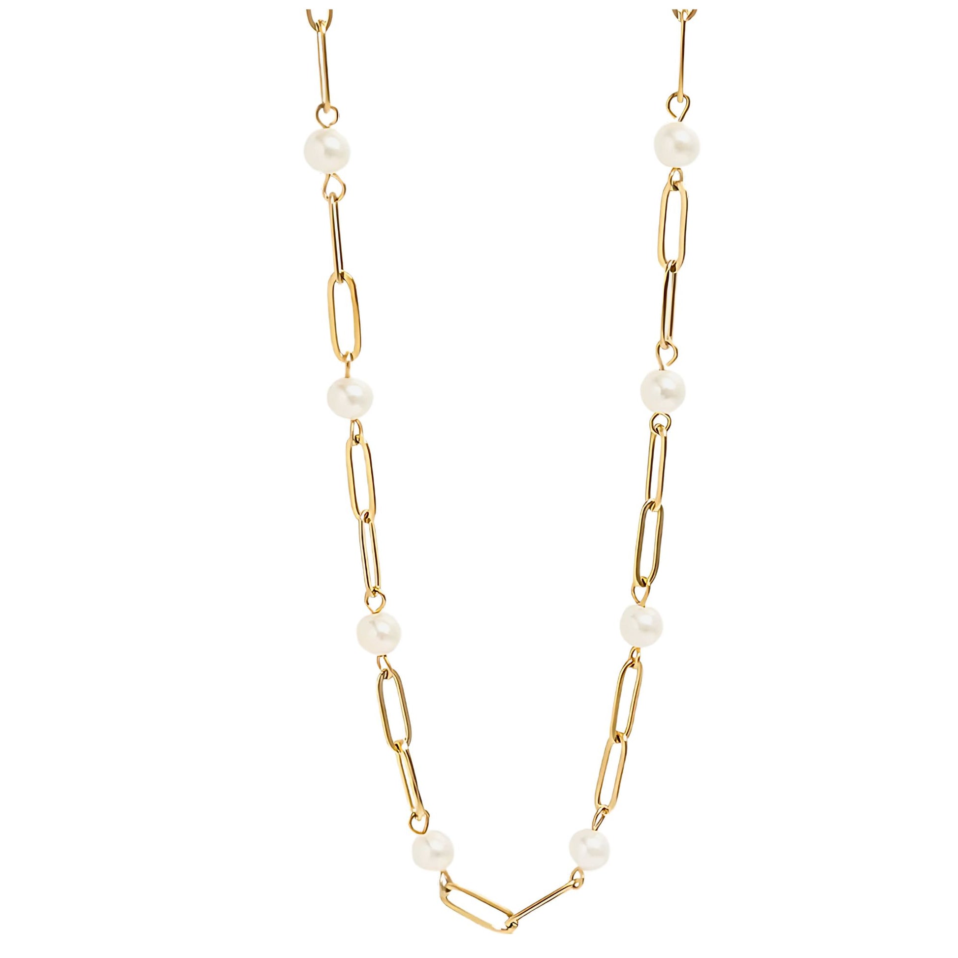 SimulatedPearlPaperclipChainNecklaceforWomenGoldStainlessSteelGingerLyneCollection_Gold-1