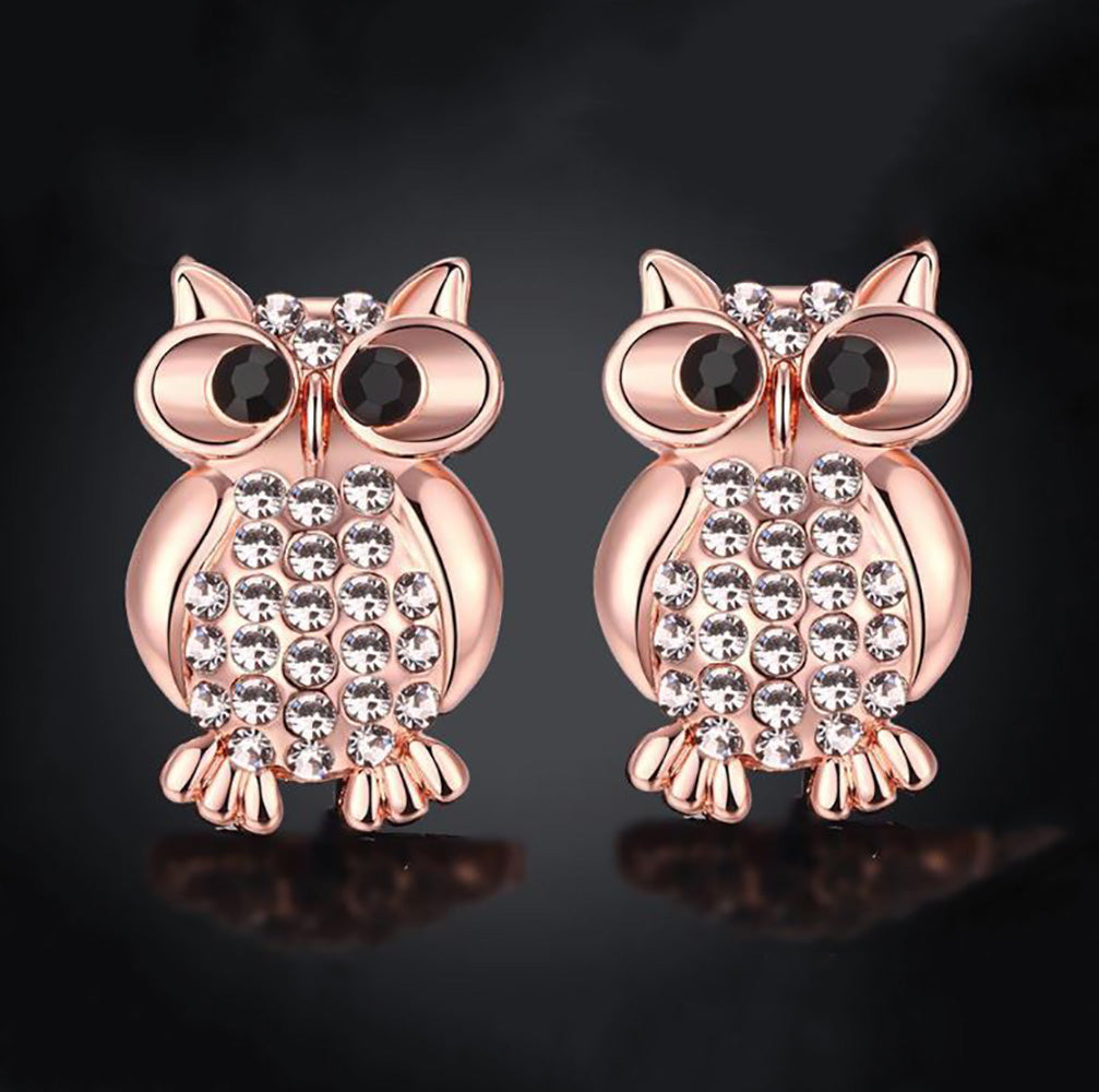 Hoot Owl Stud Earrings Rose Gold Plated Cz Teacher Women Ginger Lyne Collection