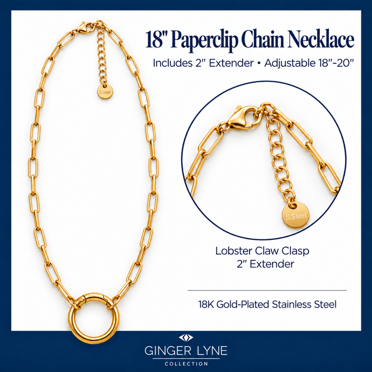 Carabiner Charm Necklace for Women Paperclip Chain Round Carabiner Holder Stainless Steel by Ginger Lyne - 20mm/Gold