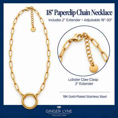 Carabiner Charm Necklace for Women Paperclip Chain Round Carabiner Holder Stainless Steel by Ginger Lyne - 20mm/Gold