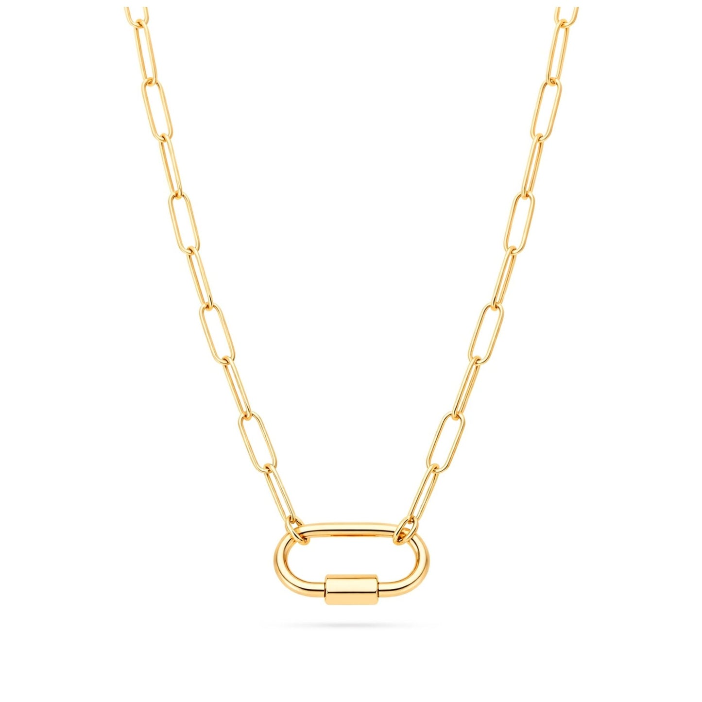 PaperclipLinkOvalCarabinerCharmHolderNecklaceforWomenStainlessSteel16"-18"GingerLyneCollection_GoldTone-1