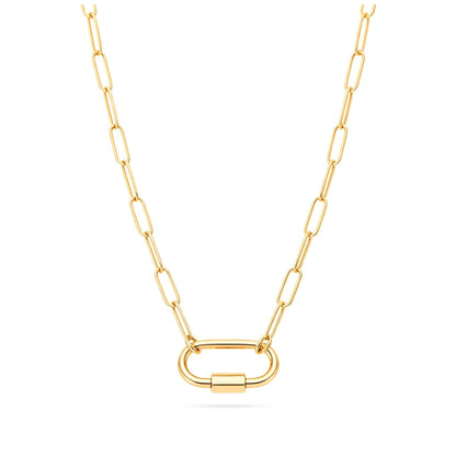 PaperclipLinkOvalCarabinerCharmHolderNecklaceforWomenStainlessSteel16"-18"GingerLyneCollection_GoldTone-1